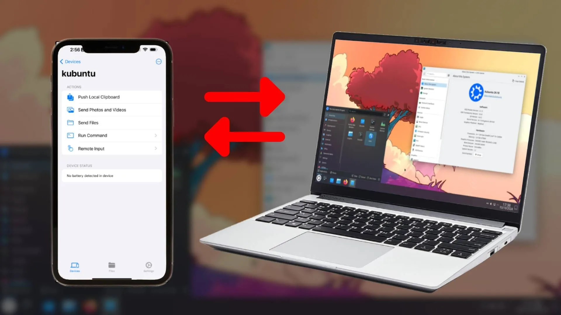 Hình ảnh iPhone 14 hiển thị ứng dụng KDE Connect, kết nối không dây với một laptop đang chạy Kubuntu, minh họa khả năng tích hợp đa nền tảng của KDE Connect