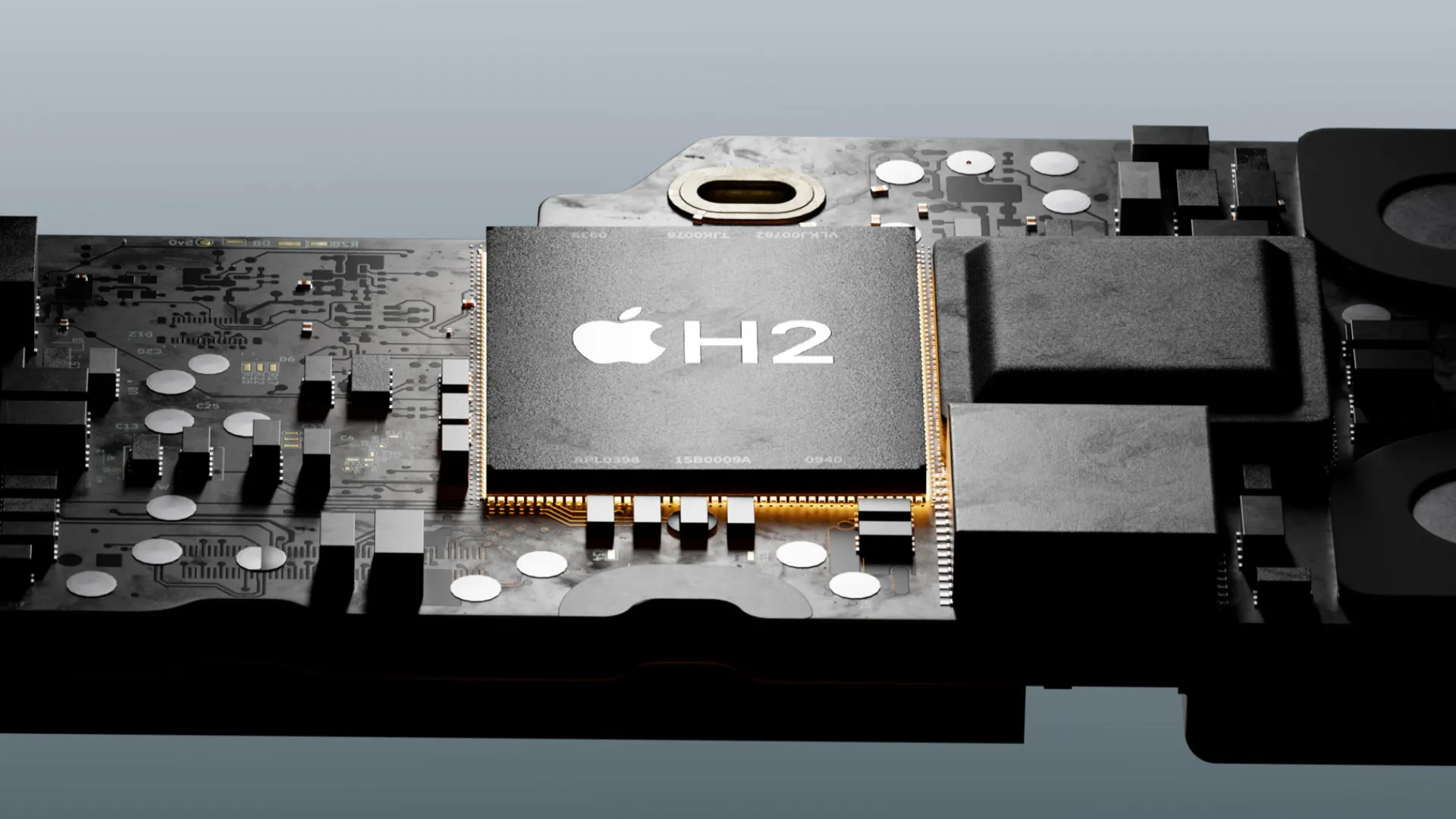 Hình ảnh minh họa chip Apple H2 được tích hợp bên trong tai nghe Powerbeats Pro 2, biểu tượng sức mạnh xử lý âm thanh