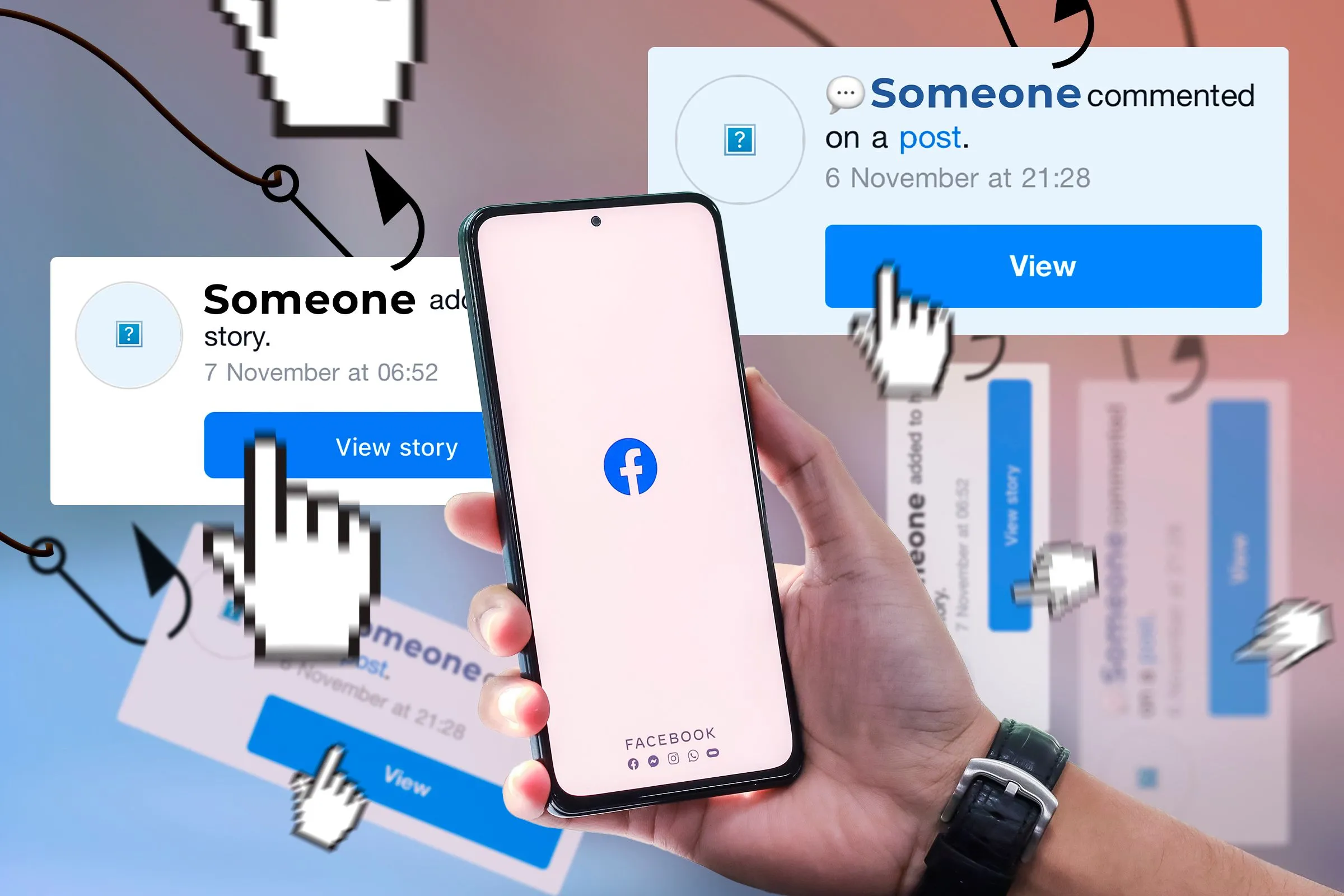 Hình ảnh một người dùng đang cuộn Facebook trên điện thoại, xung quanh là các nội dung clickbait và gợi ý spam, minh họa vấn đề thuật toán Facebook gợi ý nội dung kém chất lượng.
