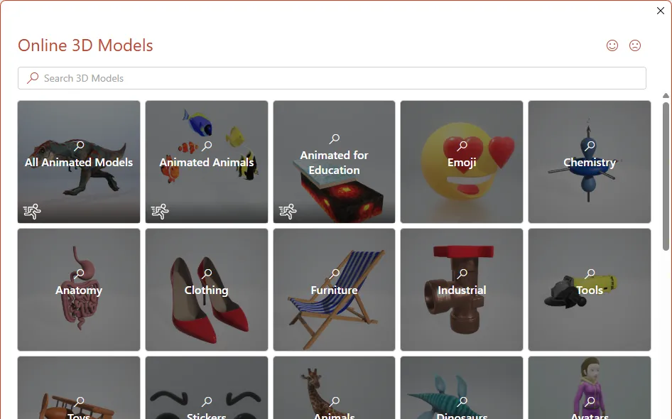 Hộp thoại hiển thị bộ sưu tập các mô hình 3D có sẵn của Microsoft trong PowerPoint, cho phép người dùng lựa chọn.