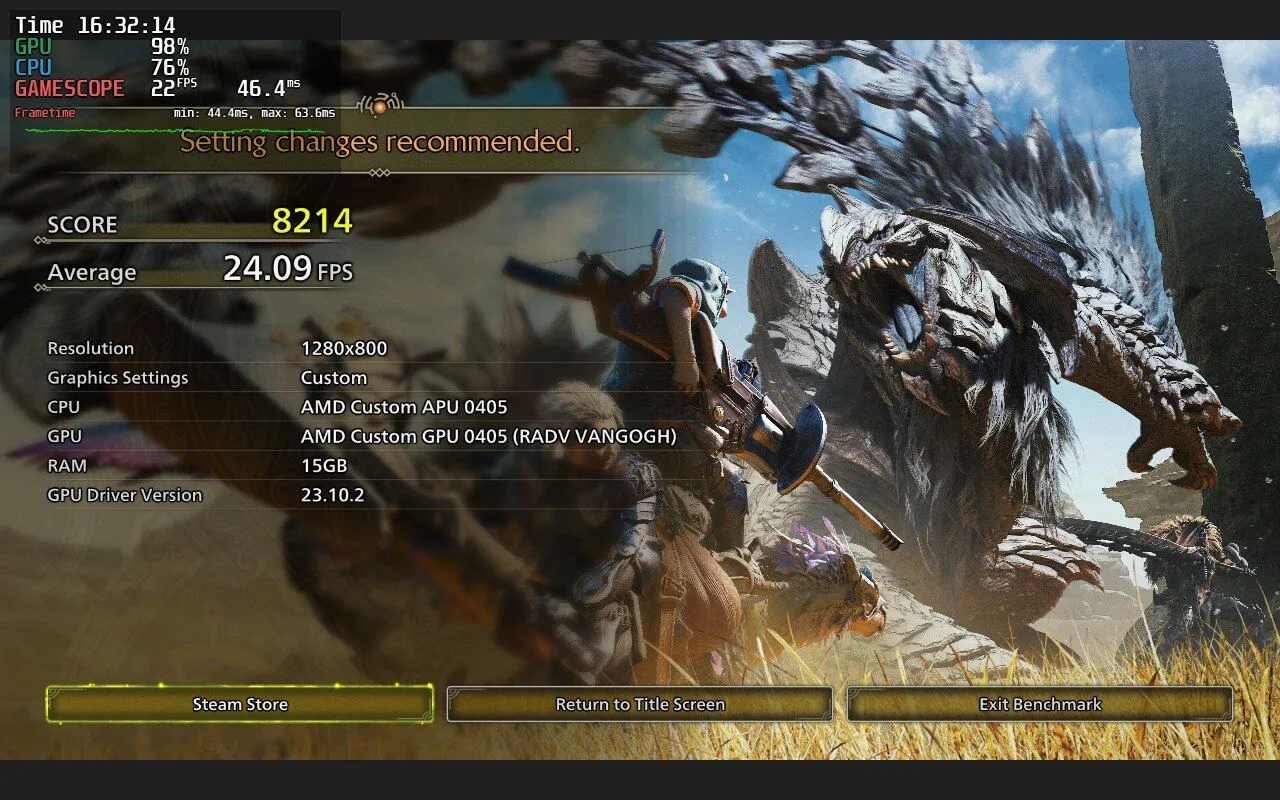Kết quả benchmark Monster Hunter Wilds trên Steam Deck, thể hiện mức FPS thấp trong khu vực cỏ, cho thấy game quá nặng cho thiết bị.