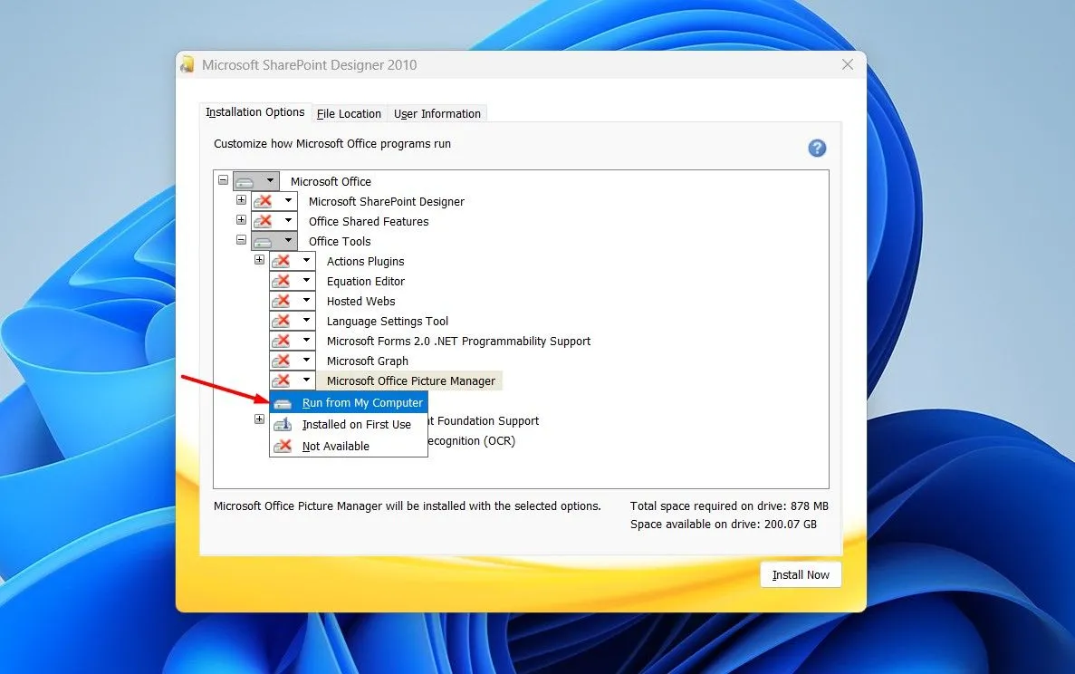 Kích hoạt tính năng &quot;Run From My Computer&quot; (Chạy từ Máy tính của tôi) cho Microsoft Office Picture Manager.