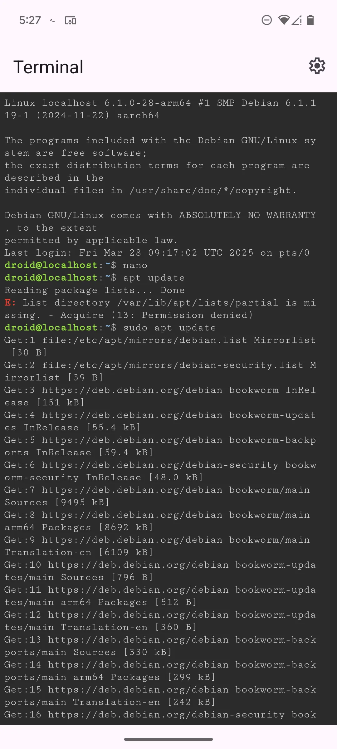 Kiểm tra cập nhật bằng lệnh APT trong ứng dụng Linux Terminal trên Google Pixel 6