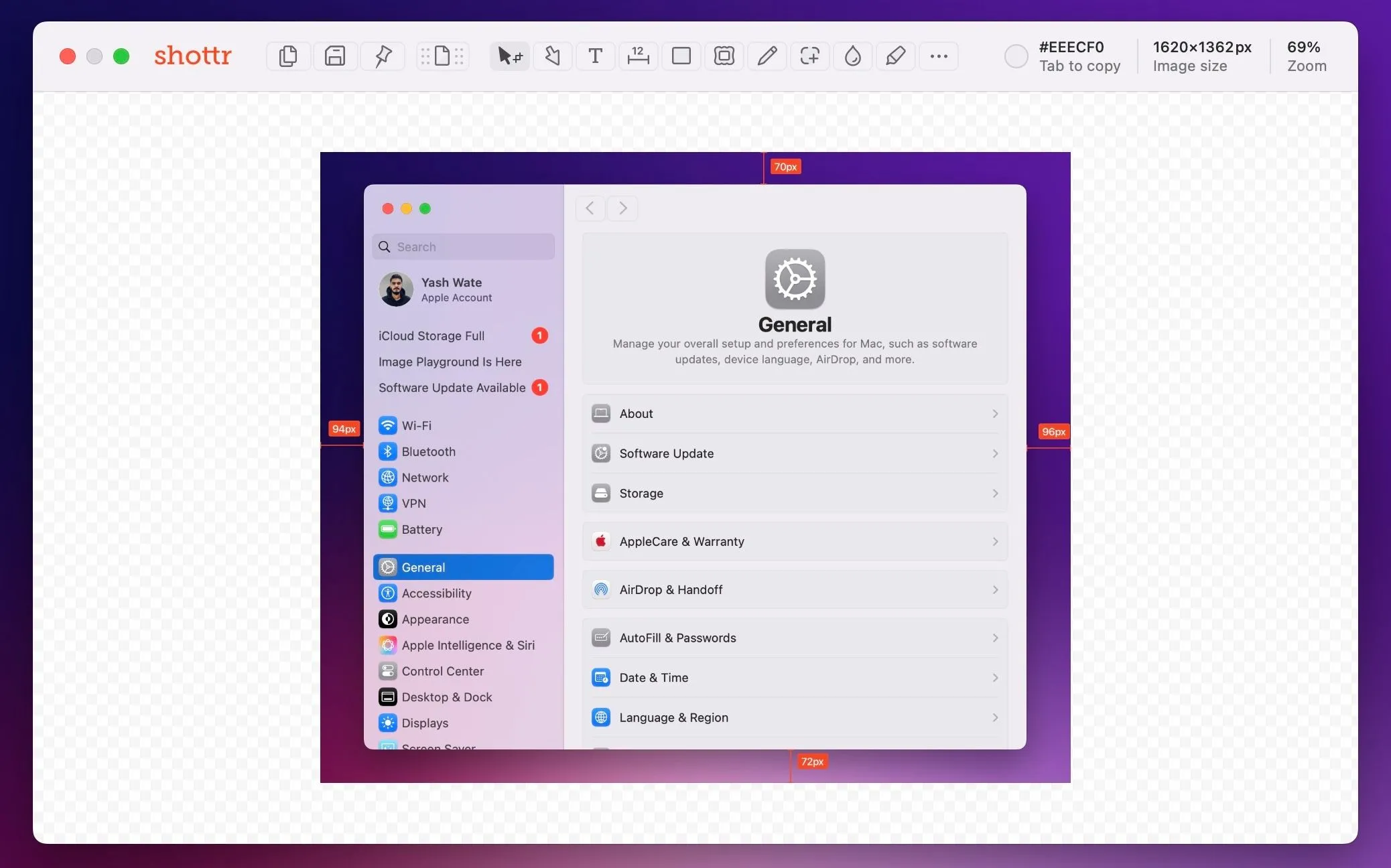 Kiểm tra khoảng cách và căn chỉnh trong ảnh chụp màn hình bằng công cụ Ruler của Shottr.