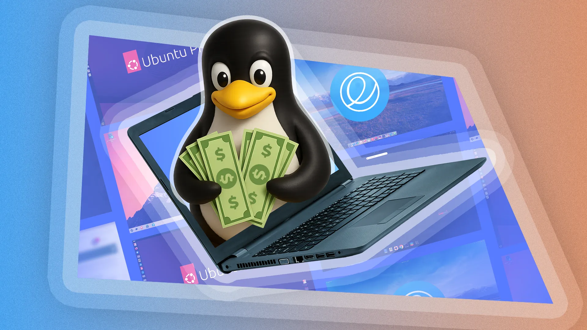 Linh vật Linux Tux bước ra từ màn hình laptop với các tờ tiền, minh họa lợi ích kinh tế khi sử dụng ứng dụng mã nguồn mở miễn phí