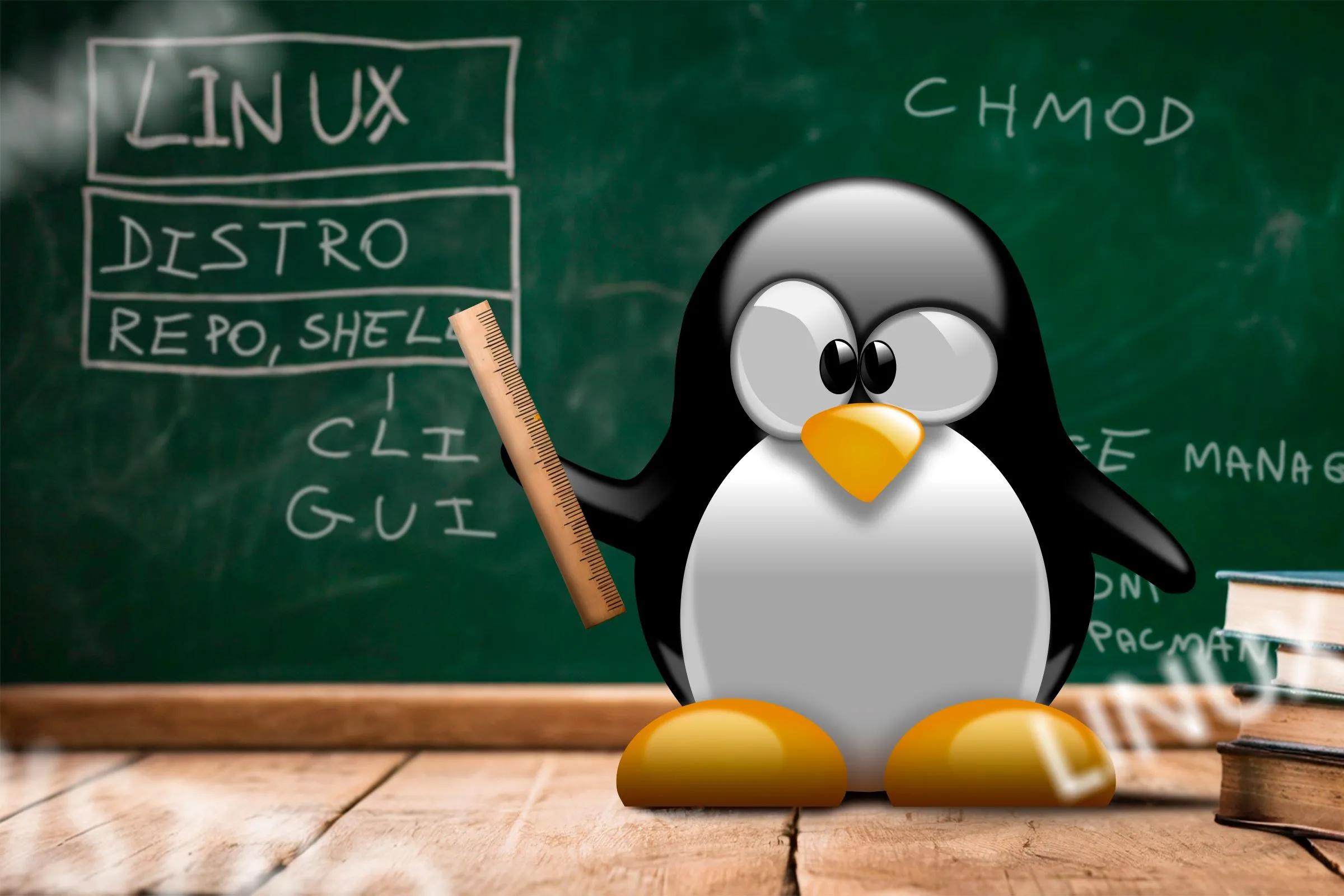 Linh vật Linux Tux đang giảng bài trước bảng đen, tượng trưng cho những kiến thức và cải tiến mới trong Kernel Linux, bao gồm cả các tính năng AI và khả năng tùy chỉnh phím Copilot.