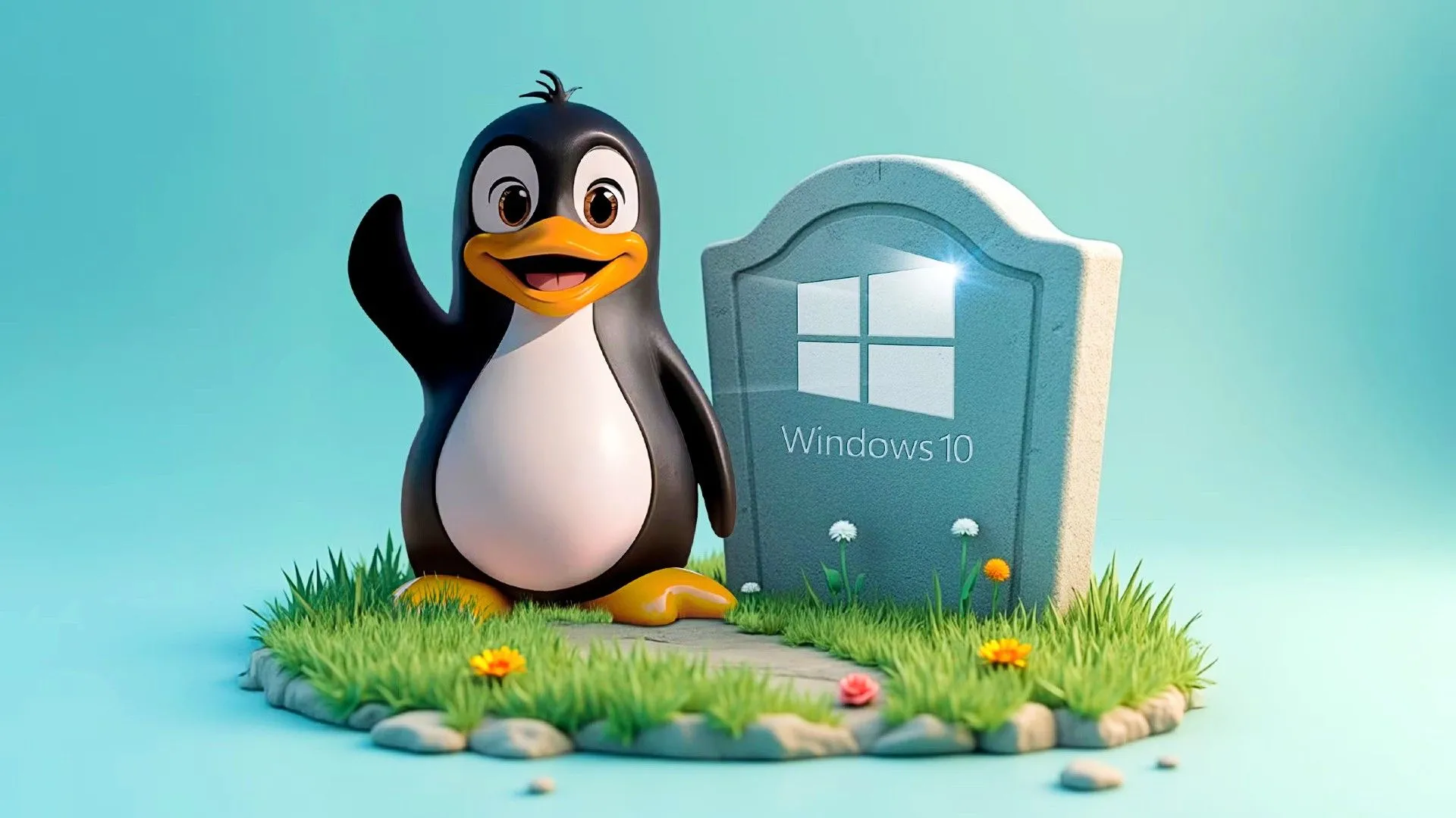 Linh vật Linux vẫy chào bên cạnh bia mộ có logo Windows 10, biểu tượng cho sự kết thúc của Windows 10 và khởi đầu mới với Linux
