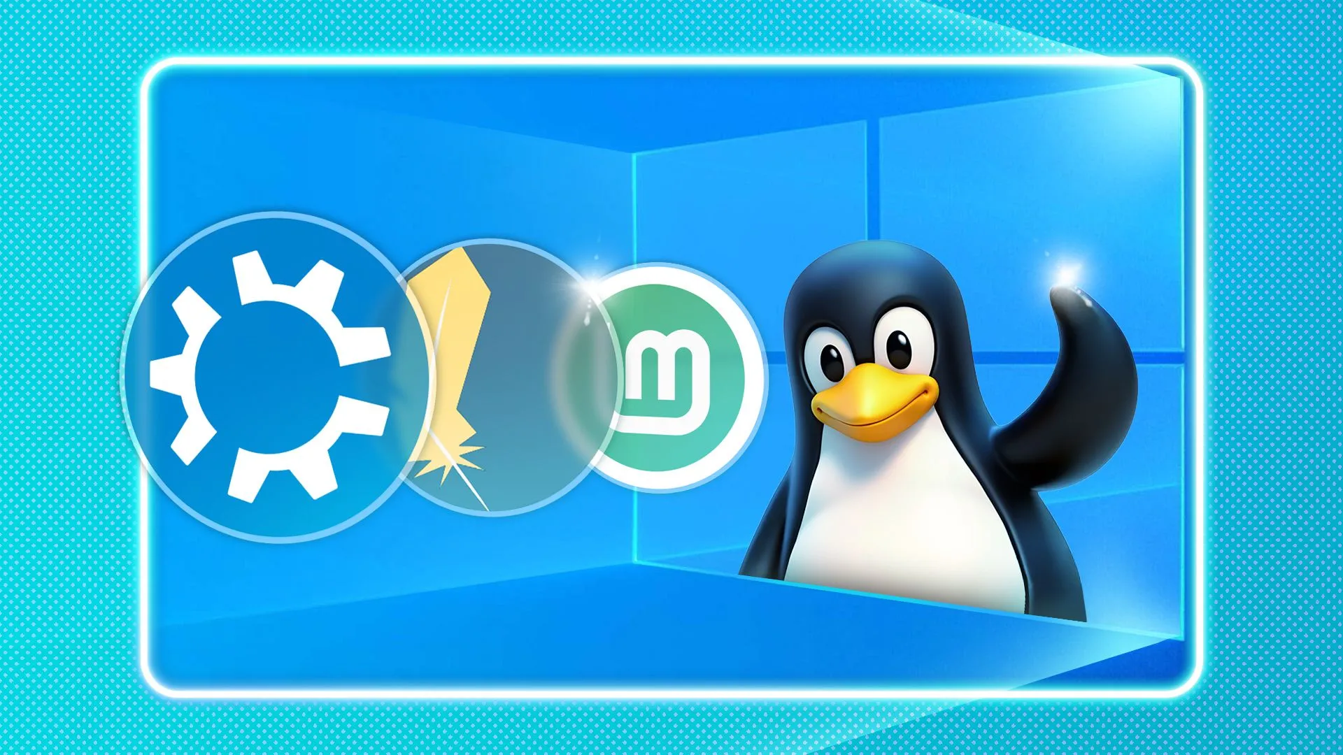 Linh vật Linux vẫy tay bên trong logo Windows 10, cùng với các biểu tượng bản phân phối Linux khác, thể hiện sự chuyển đổi và đa dạng