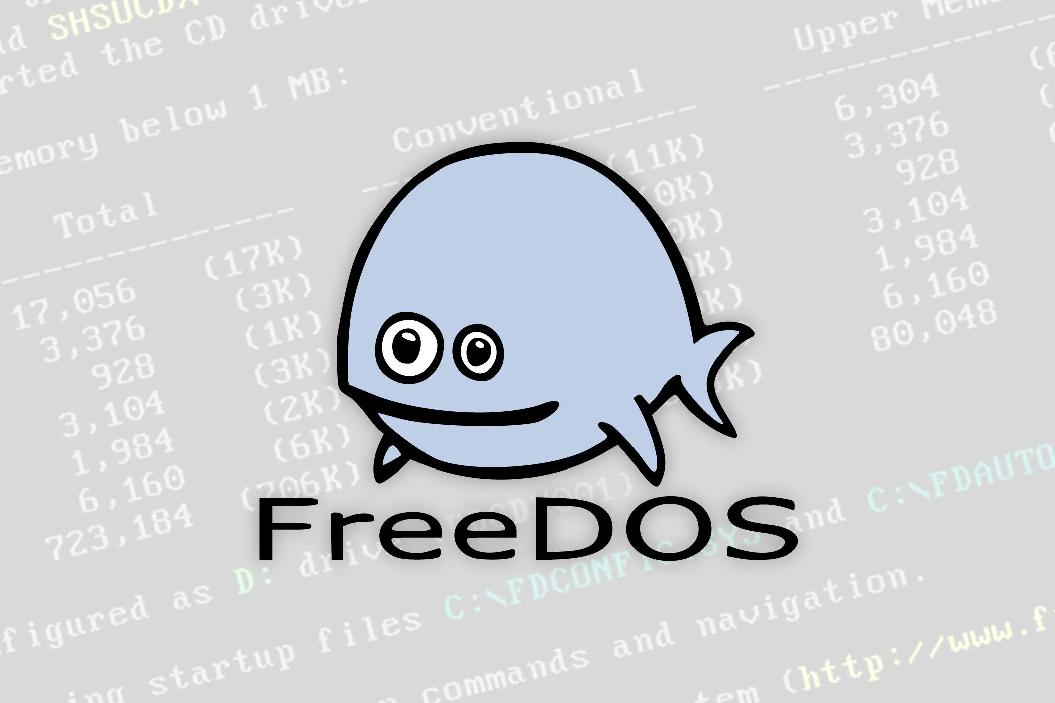 Logo FreeDOS cùng giao diện dòng lệnh DOS cổ điển.
