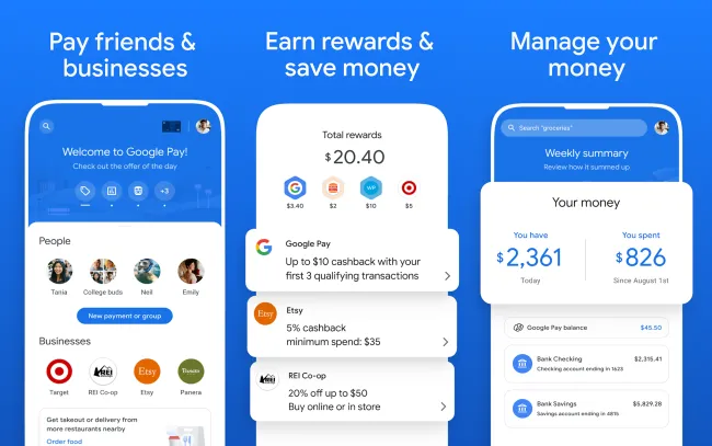 Logo Google Pay cùng các biểu tượng thanh toán không tiếp xúc và thẻ ngân hàng số