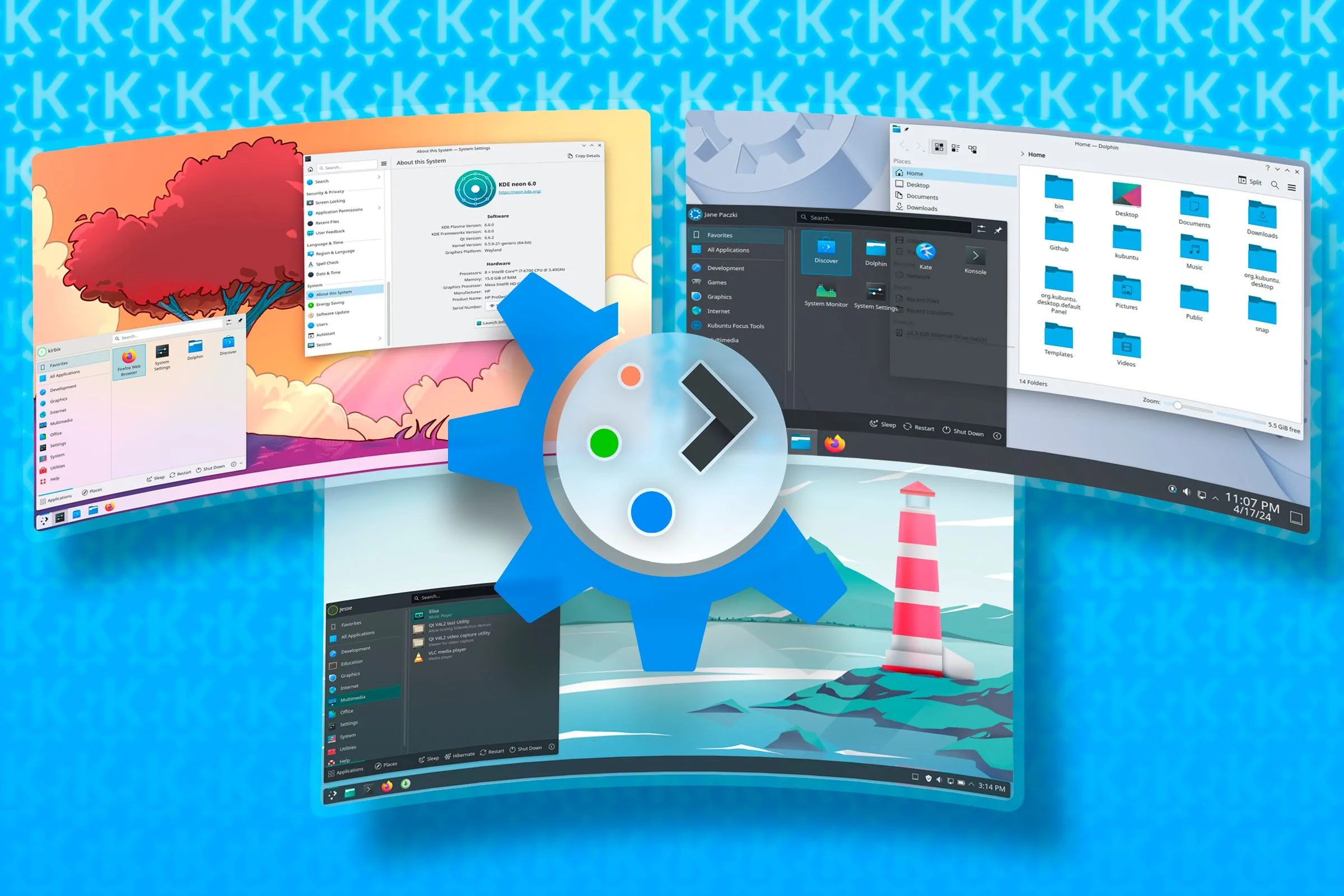 Logo KDE Plasma ở trung tâm với một số giao diện bản phân phối Linux ở nền