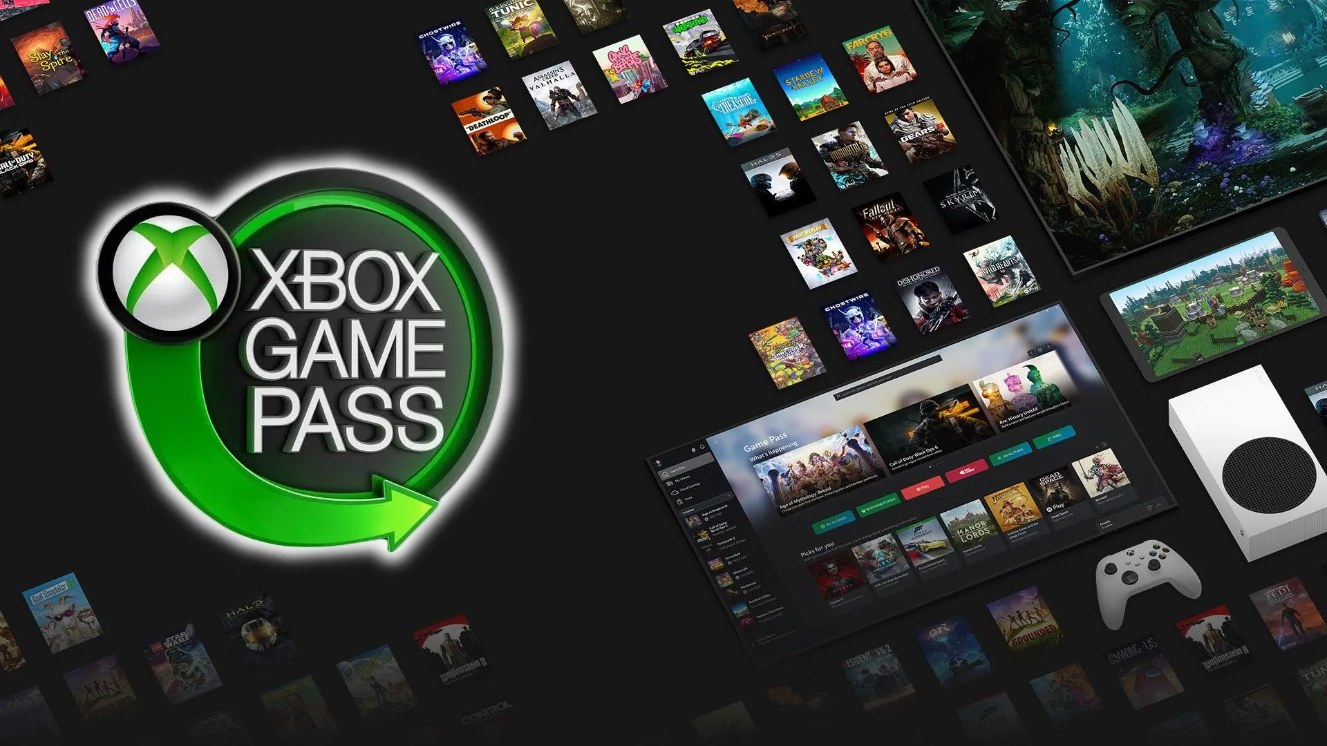 Logo Xbox Game Pass cùng hình ảnh các tựa game và máy chơi game Xbox Series S