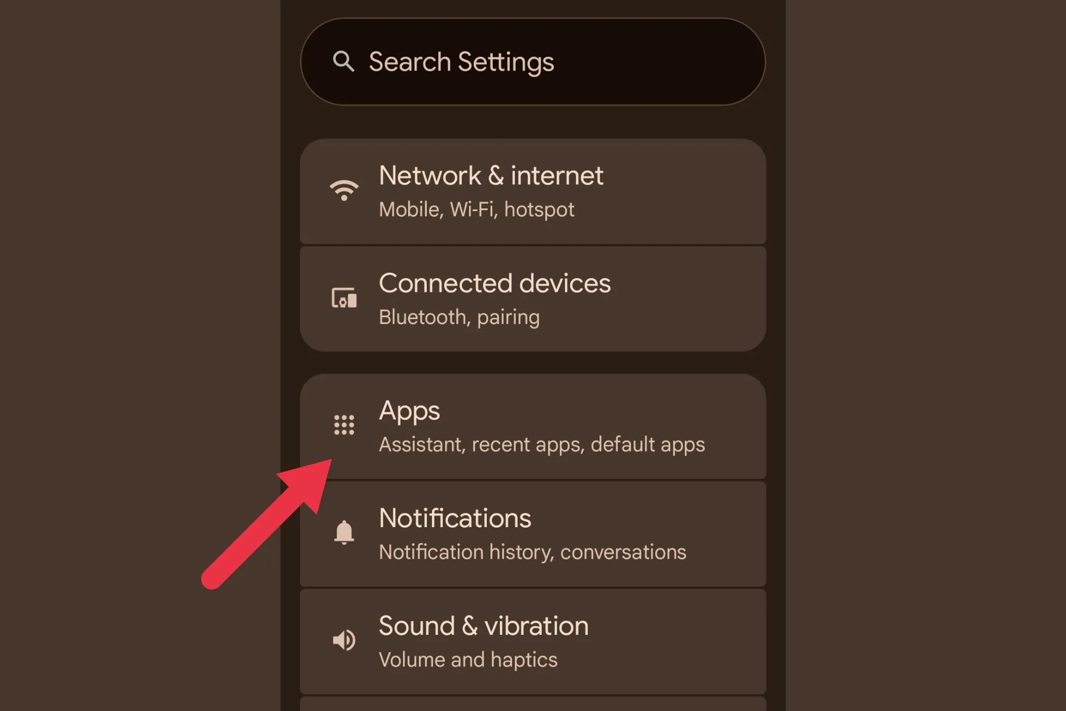 Màn hình cài đặt chính trên điện thoại Android, nơi bạn bắt đầu quản lý ứng dụng.