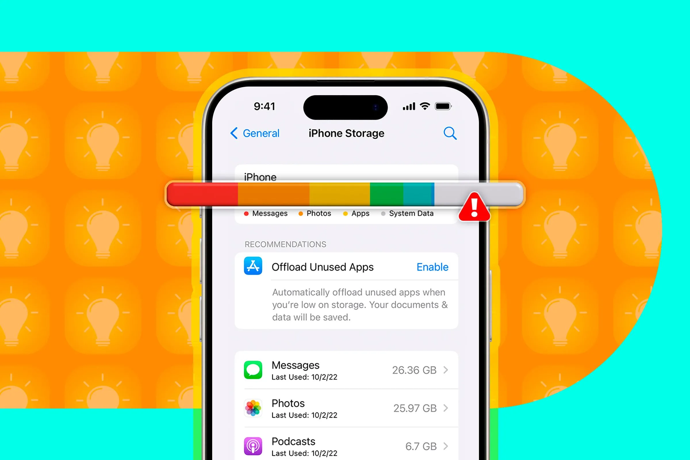 Màn hình cài đặt dung lượng lưu trữ trên iPhone với cảnh báo không đủ dung lượng, thể hiện vấn đề phổ biến của người dùng