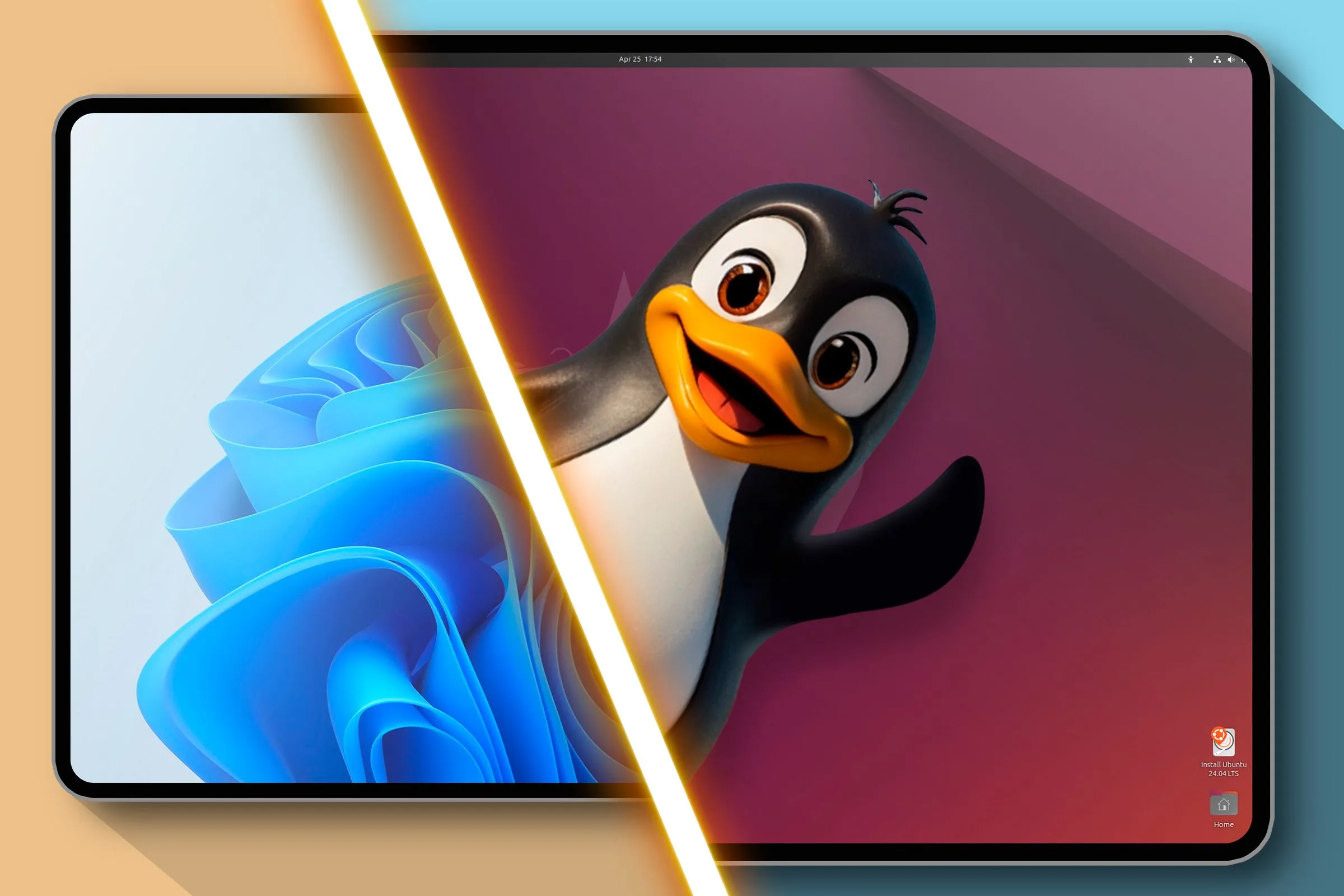 Màn hình chia đôi với Windows 11 bên trái và Linux với linh vật Tux bên phải, tượng trưng cho một hệ thống dual boot hoạt động song song.