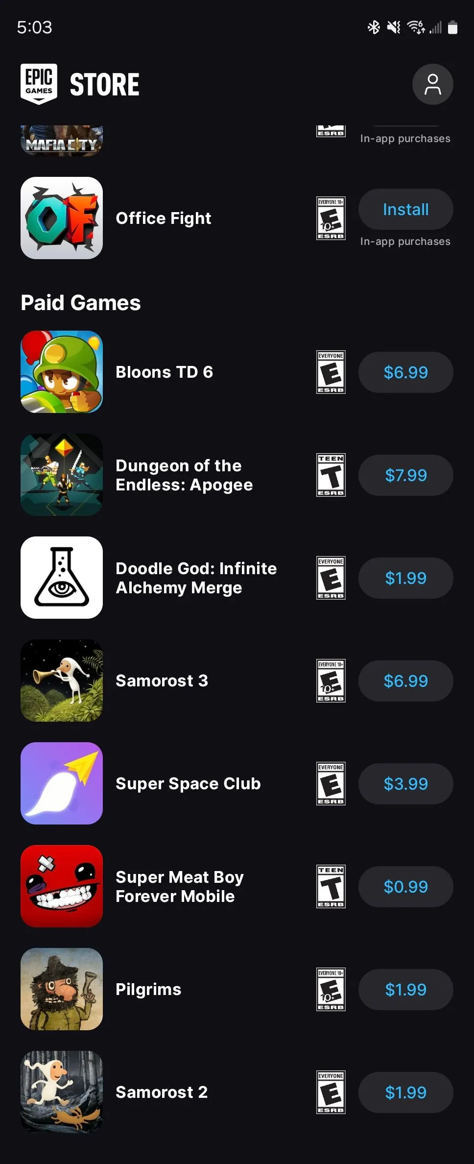 Màn hình chính Epic Games Store Android với nhiều game PC được đưa lên di động.