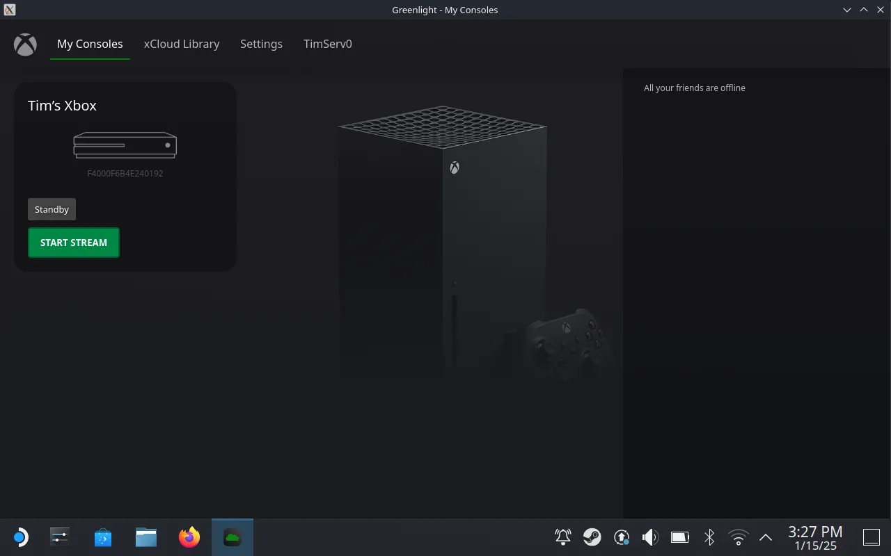 Màn hình chính Greenlight hiển thị các tùy chọn Remote Play console và thư viện xCloud sau khi đăng nhập tài khoản Xbox