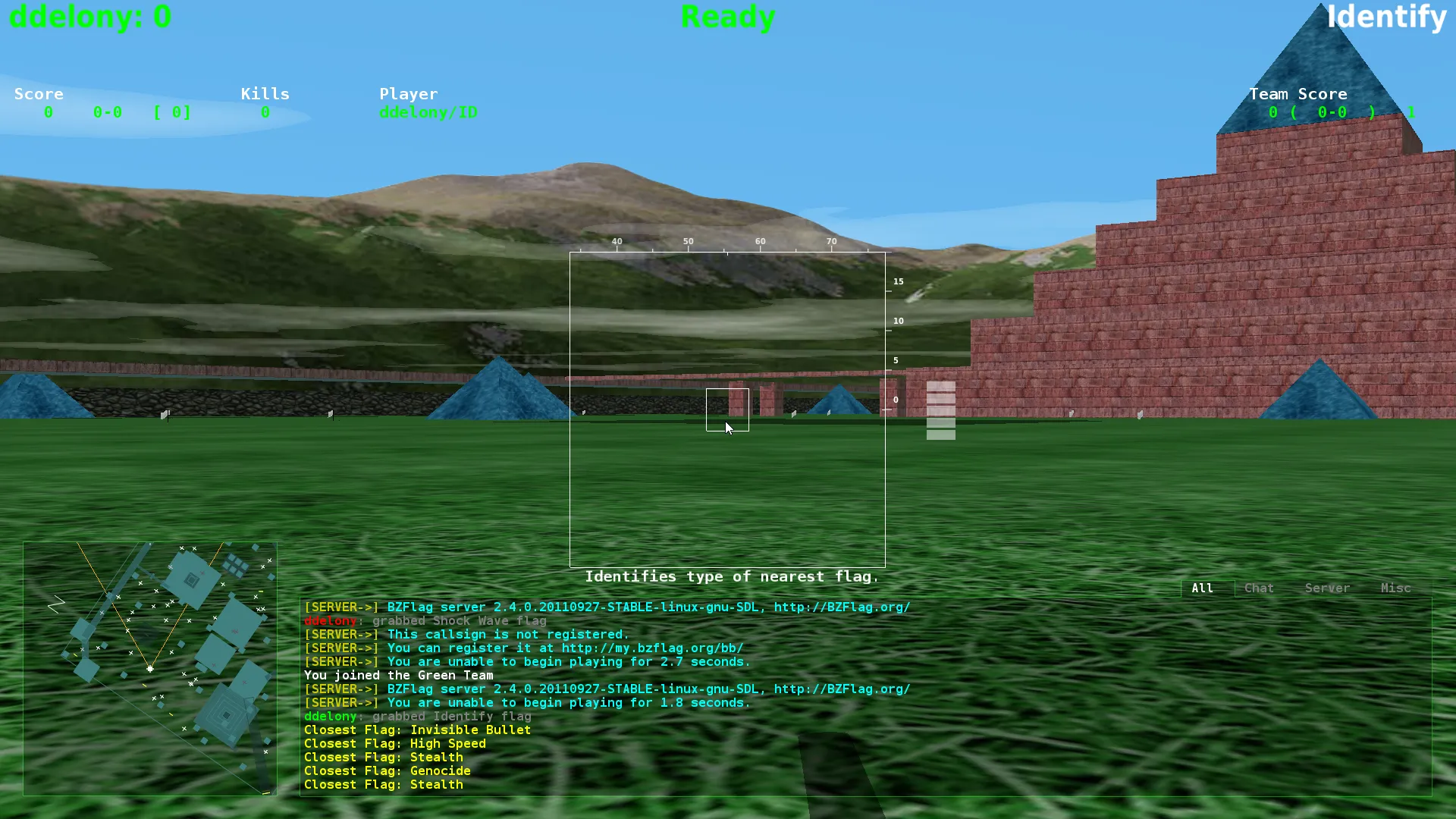 Màn hình chơi game BZFlag hiển thị xe tăng trong môi trường 3D