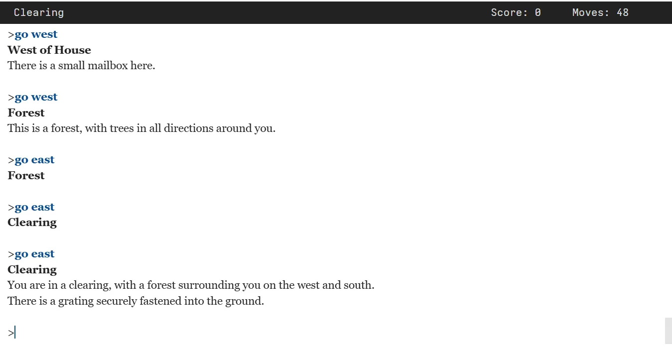 Màn hình chơi game Zork, ví dụ điển hình về game tương tác chỉ sử dụng văn bản.