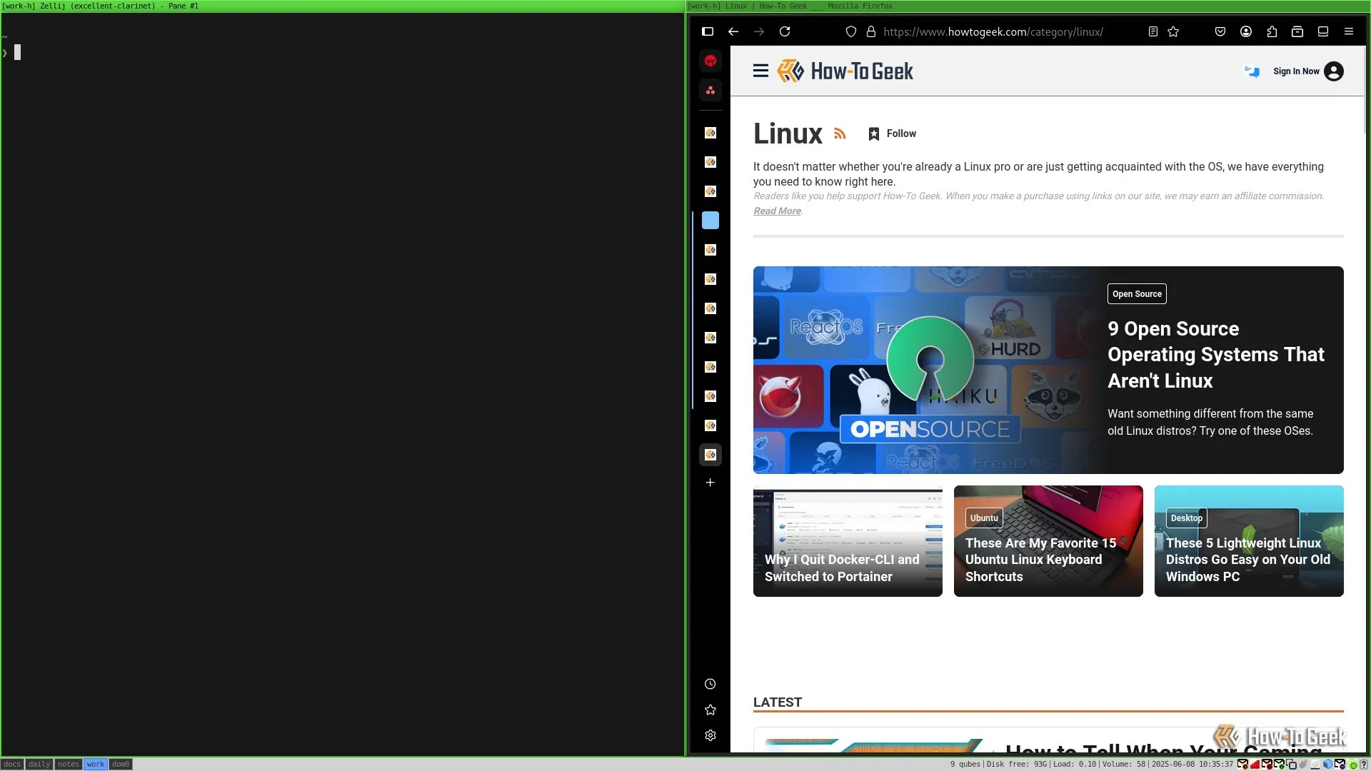 Màn hình desktop i3 hiển thị hai cửa sổ được sắp xếp cạnh nhau: một terminal ở bên trái và trình duyệt web ở bên phải, minh họa khả năng sắp xếp cửa sổ tự động của i3 window manager.