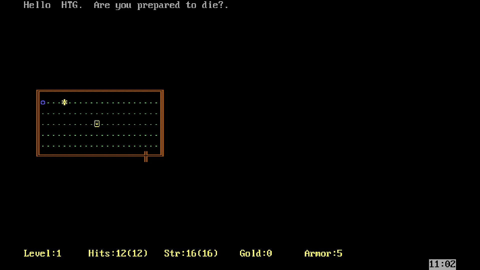 Màn hình game Rogue trên MS-DOS hiển thị giao diện đồ họa ASCII với nhân vật, quái vật và vật phẩm