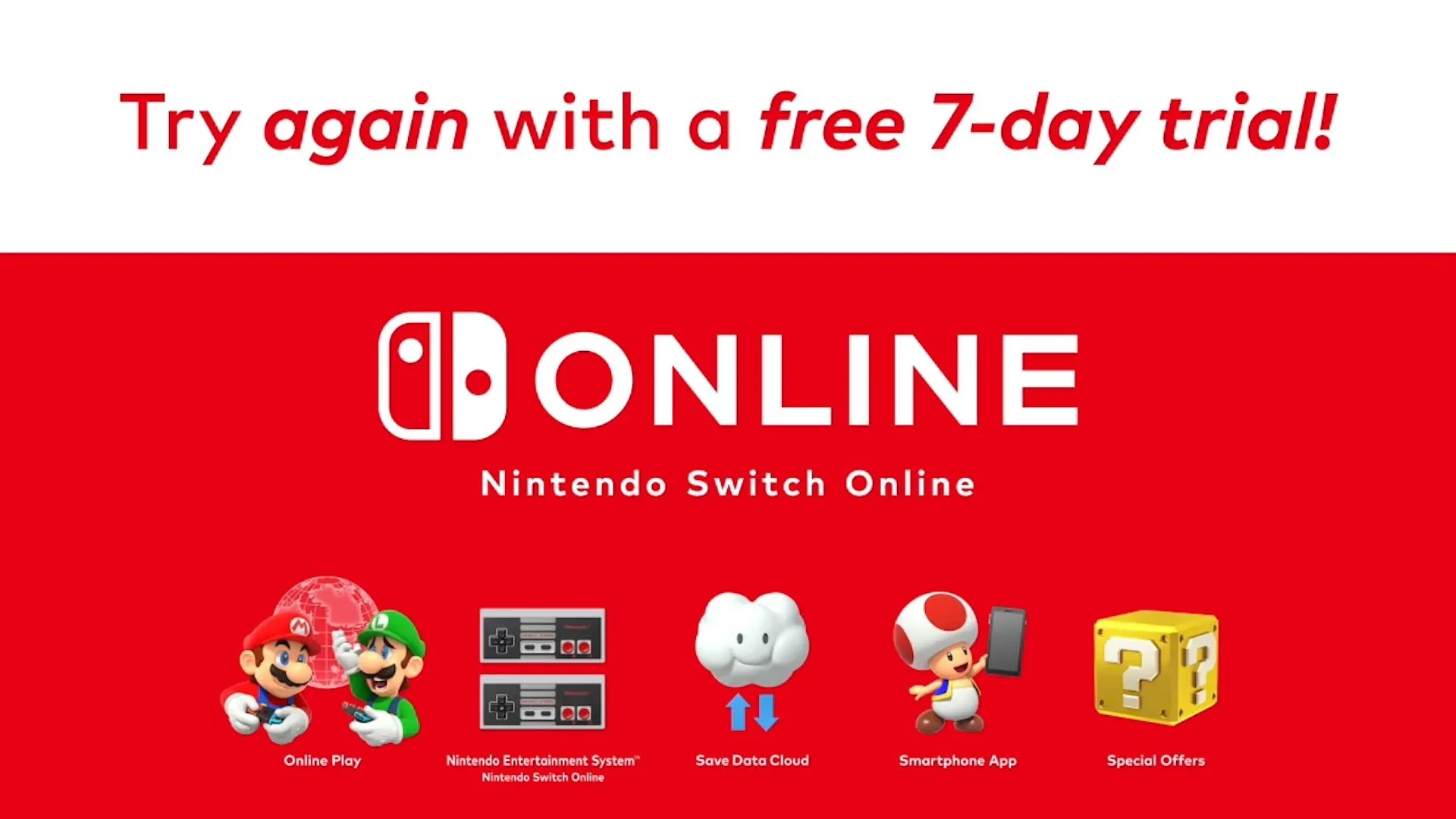 Màn hình hiển thị bản dùng thử miễn phí Nintendo Switch Online