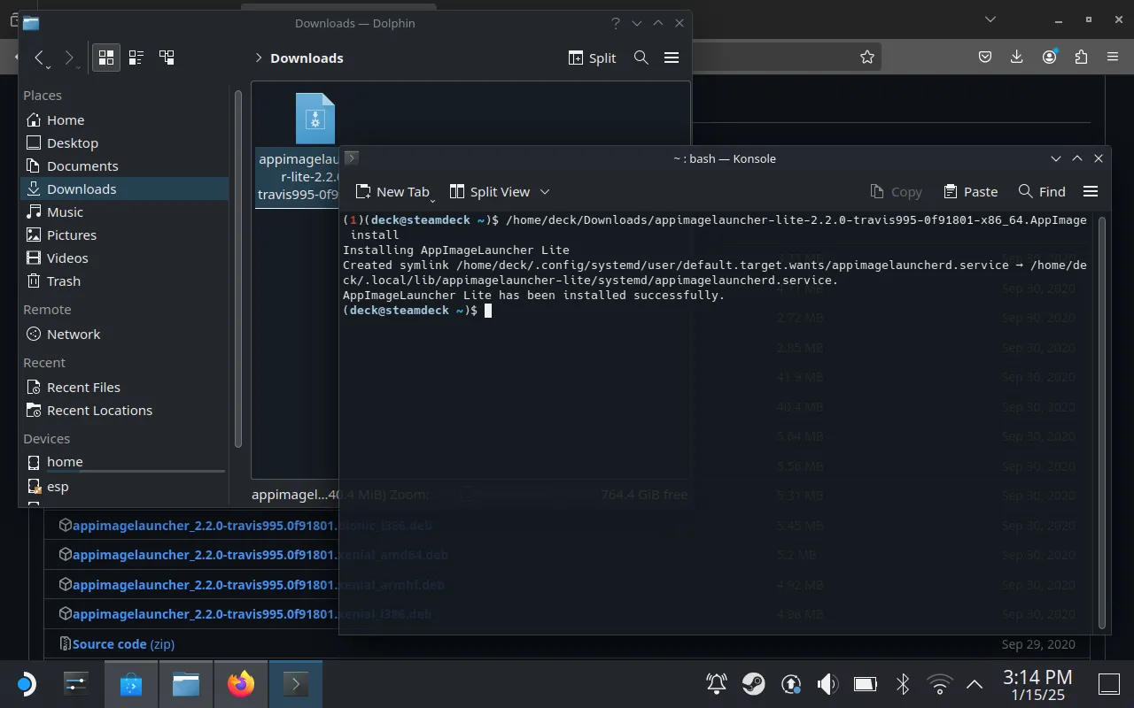 Màn hình Konsole trên Steam Deck hiển thị cài đặt AppImageLauncher thành công