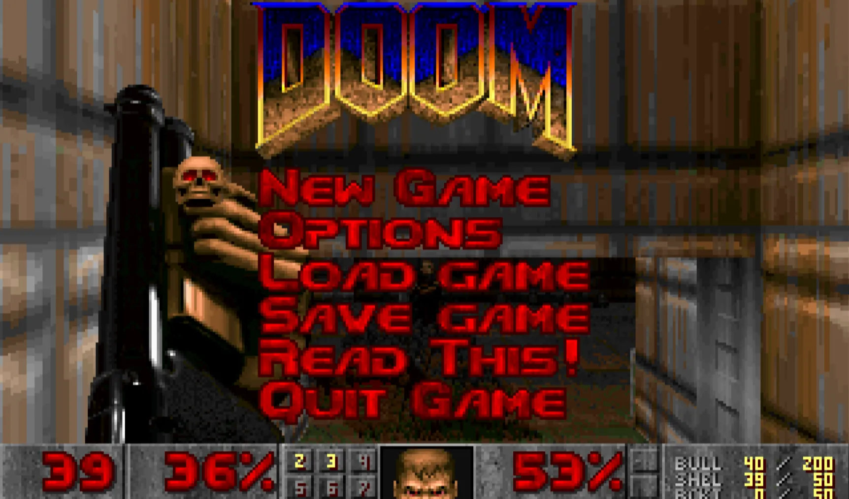 Màn hình menu chính của trò chơi Doom hiển thị các tùy chọn game