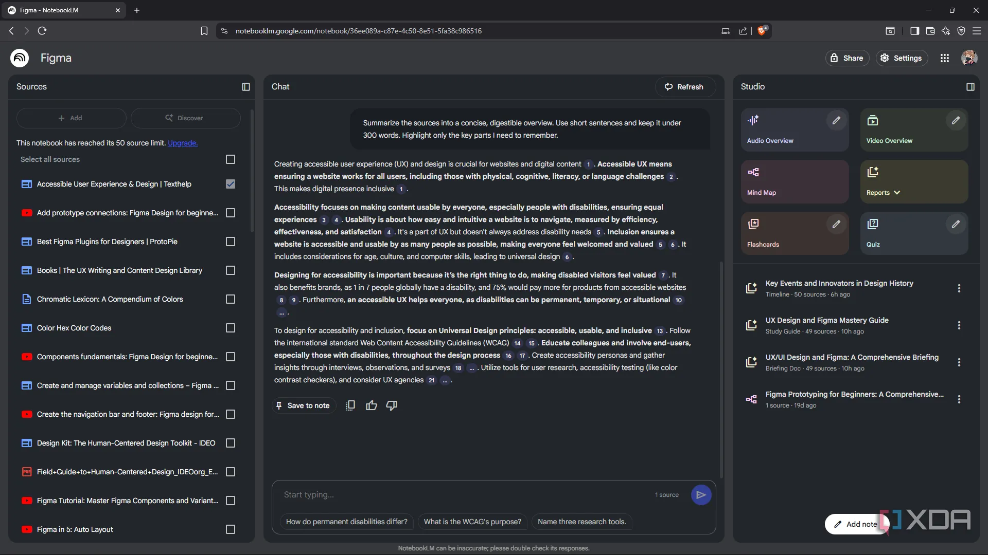 Màn hình NotebookLM hiển thị câu lệnh yêu cầu tóm tắt ngắn gọn các nguồn đã chọn, giúp người dùng dễ dàng nắm bắt thông tin nhanh chóng.