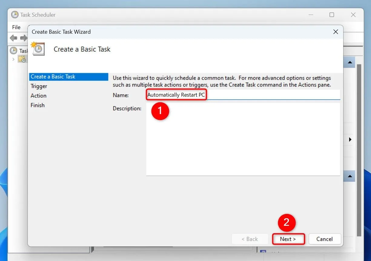 Màn hình tạo tác vụ cơ bản trong Task Scheduler, đặt tên tác vụ là &quot;Tự Động Khởi Động Lại PC&quot;