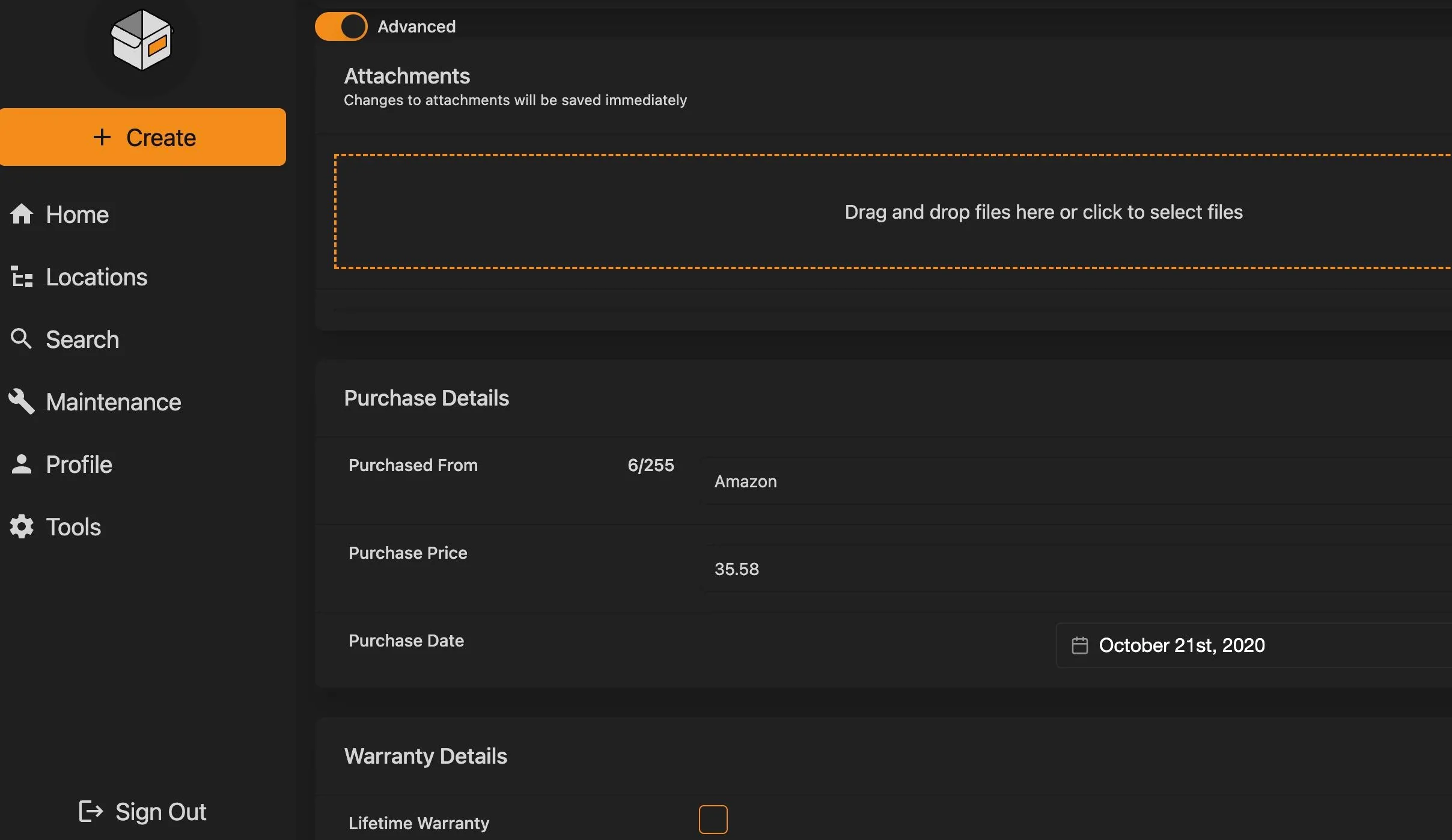 Màn hình thêm vật dụng mới trong Homebox giúp theo dõi tài sản cá sản chi tiết