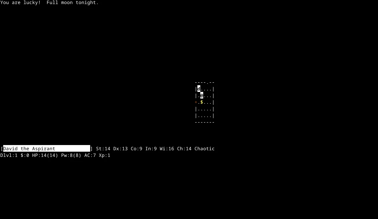 Màn hình trò chơi NetHack đang chạy trong một cửa sổ terminal của Linux, hiển thị giao diện đồ họa ASCII/ký tự