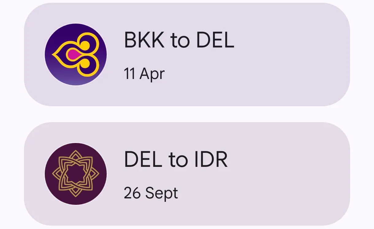 Màn hình ứng dụng Google Wallet hiển thị danh sách các thẻ lên máy bay (boarding pass) đã được thêm vào, cho thấy tính năng lưu trữ vé máy bay tiện lợi.