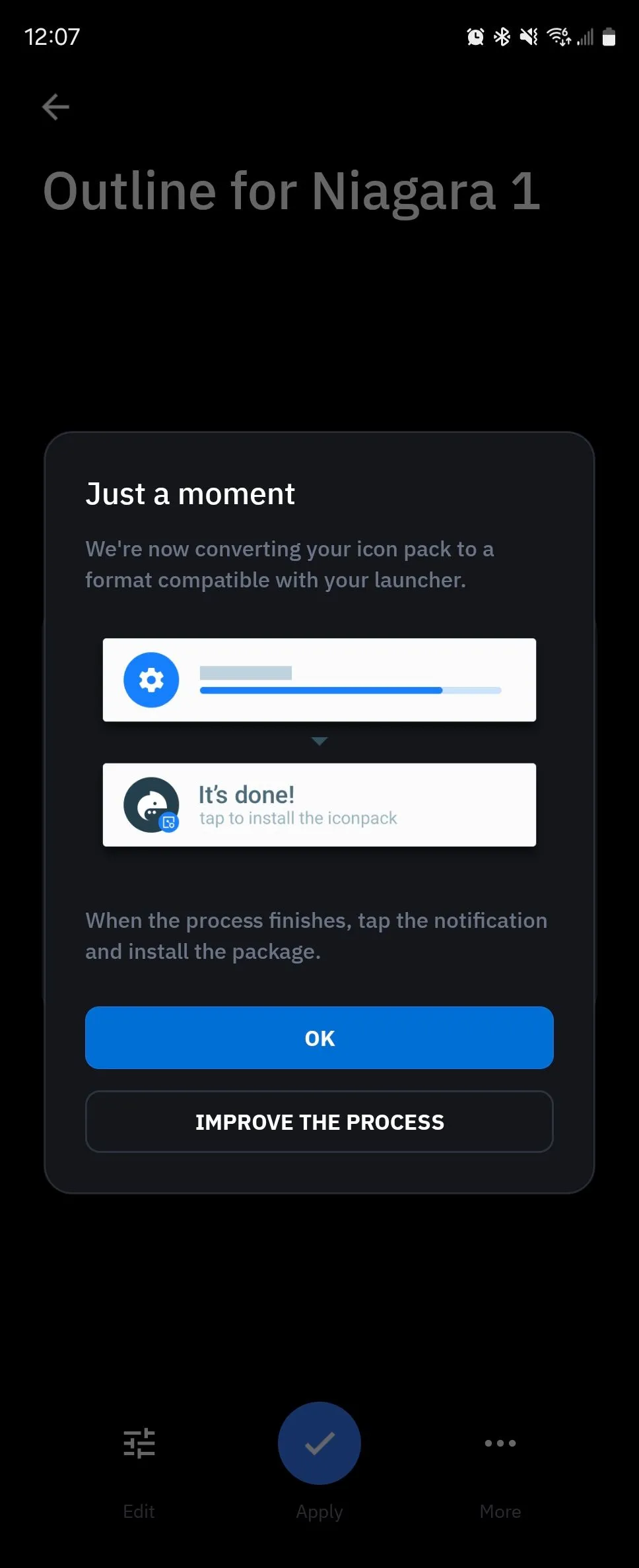 Màn hình xác nhận xuất gói biểu tượng sang tệp APK trong Icon Pack Studio