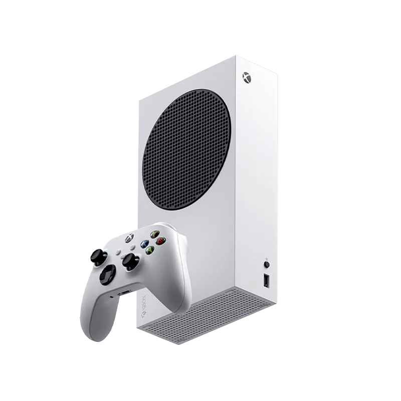 Máy console Xbox Series S màu trắng đi kèm tay cầm, một nền tảng hỗ trợ chơi game bằng chuột và bàn phím.