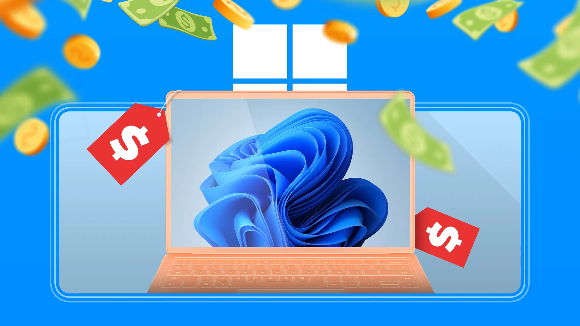 Máy tính xách tay Windows 11 với thẻ giá, tiền xu và đô la xung quanh, tượng trưng chi phí nâng cấp phần cứng