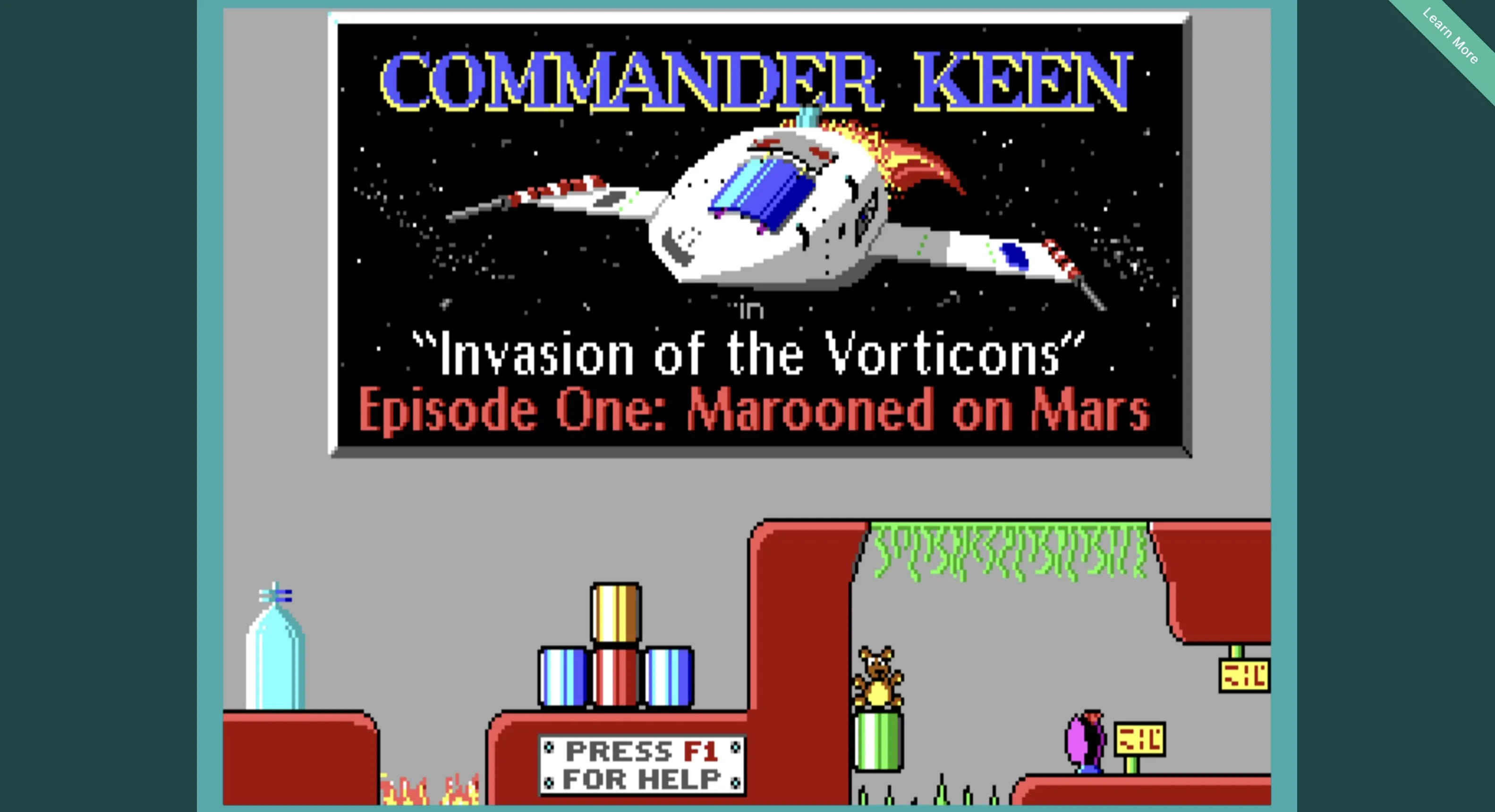 Menu chính của Commander Keen Episode 1 chạy trên bản port Chocolate Keen, thể hiện phong cách retro.