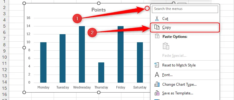 Menu chuột phải mở rộng trên một biểu đồ trong Excel với tùy chọn &quot;Copy&quot; được chọn, chuẩn bị sao chép biểu đồ sang PowerPoint.