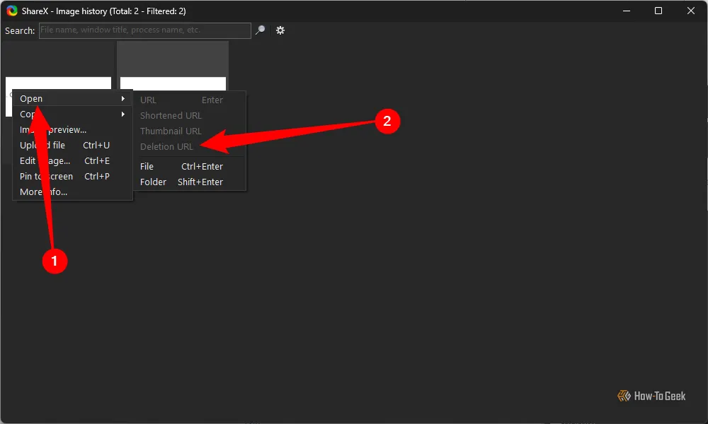 Menu tùy chọn xóa ảnh đã tải lên từ lịch sử ShareX