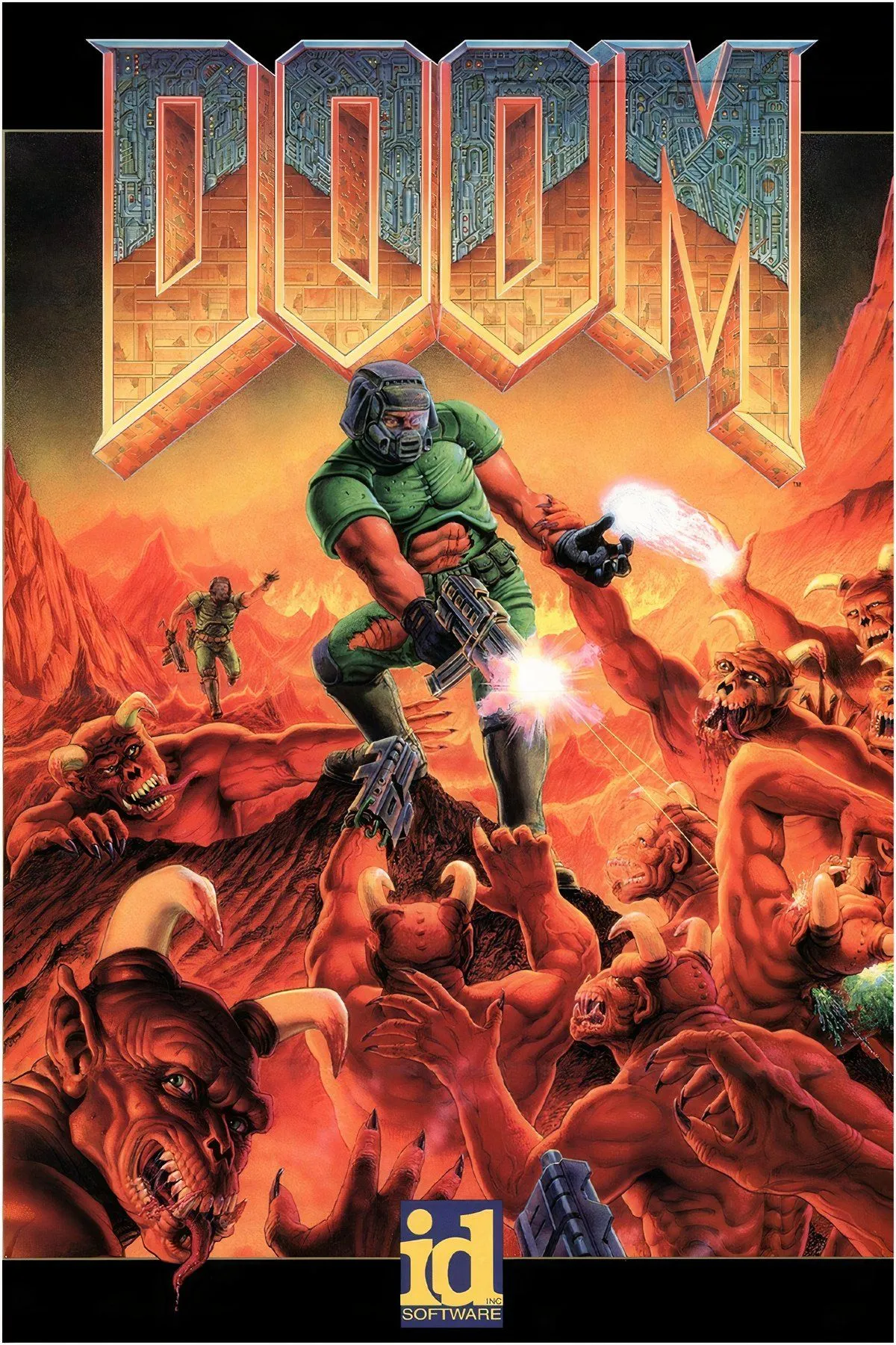 Minh họa Doomguy (người lính) đang đối mặt với các quái vật địa ngục trong Doom.