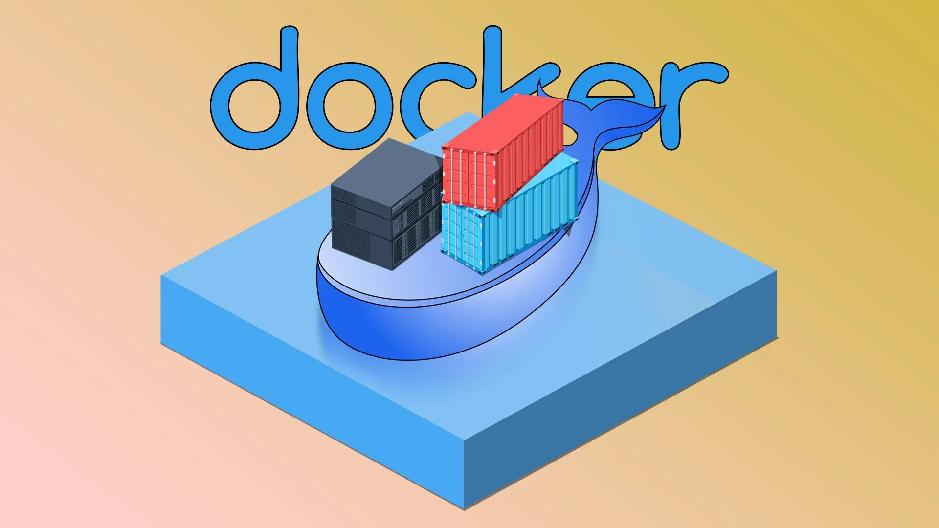 Minh họa logo Docker hình cá voi chở container và một máy chủ NAS, thể hiện khả năng quản lý dịch vụ hiệu quả của Docker.