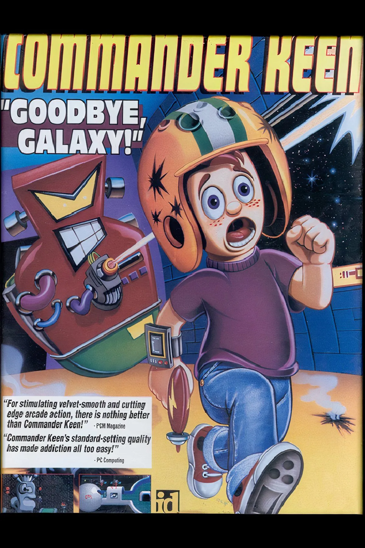 Minh họa nhân vật Commander Keen với khẩu súng và thiết bị phản lực đặc trưng.