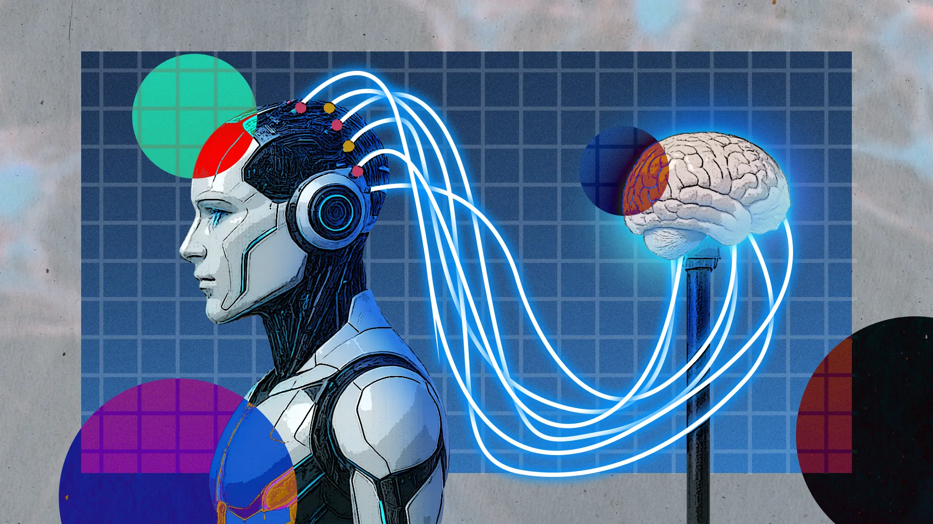 Minh họa robot AI với kết nối não bộ, tượng trưng cho quá trình đào tạo trong môi trường ảo