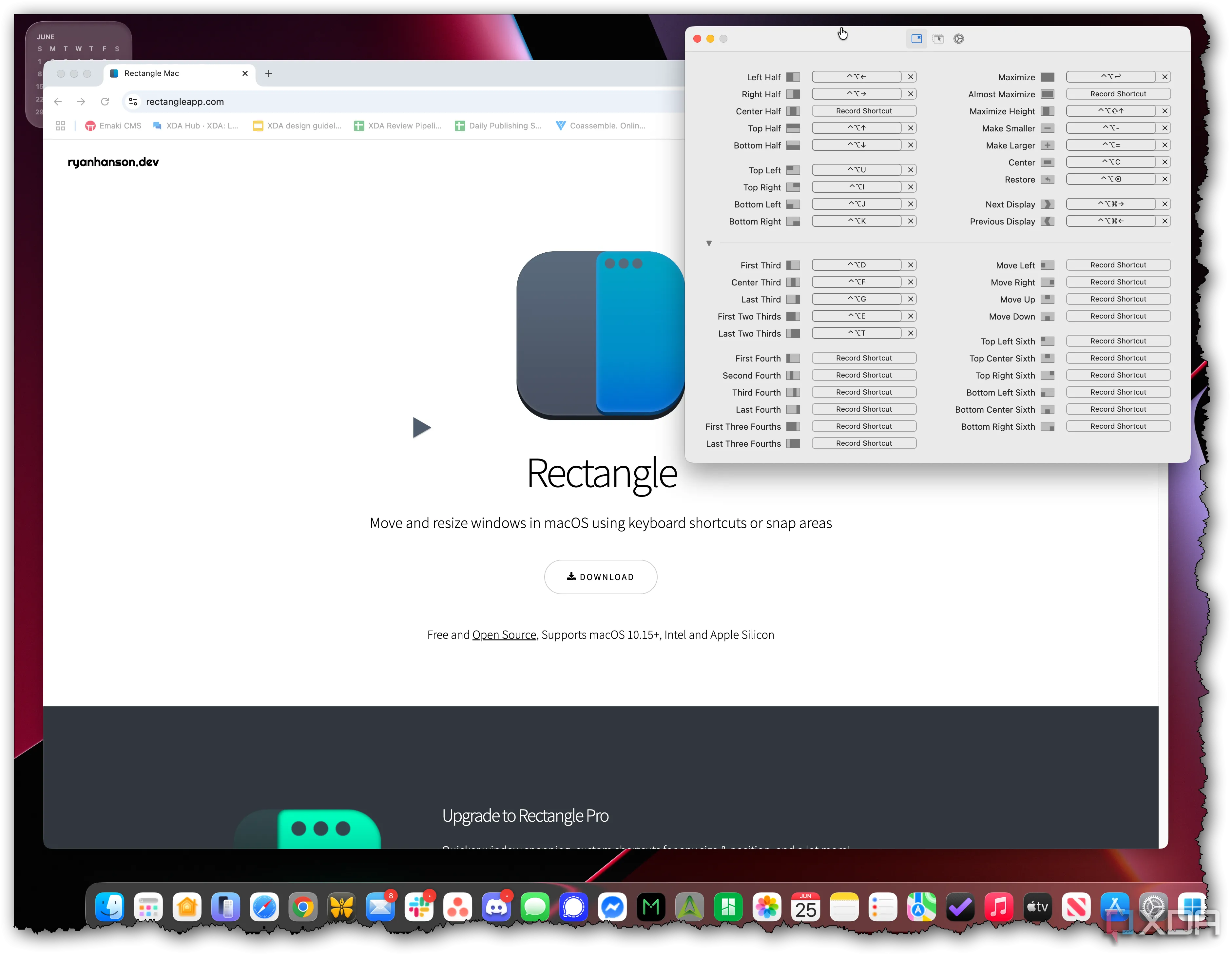 Minh họa ứng dụng Rectangle đang sắp xếp cửa sổ trên màn hình Mac, thể hiện khả năng quản lý không gian làm việc hiệu quả.