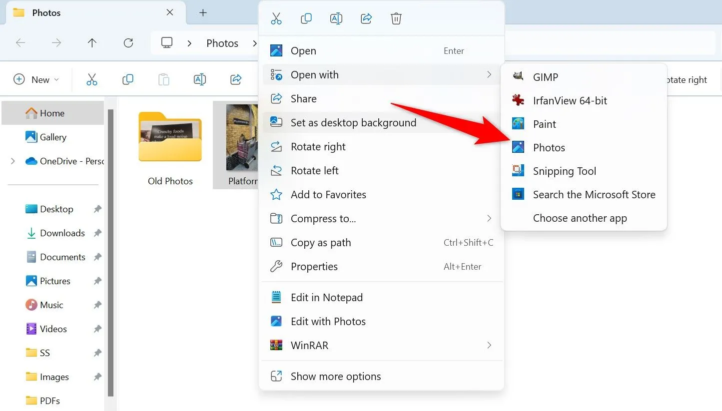 Mở ảnh bằng ứng dụng Photos thông qua menu &quot;Open With&quot; trong File Explorer.