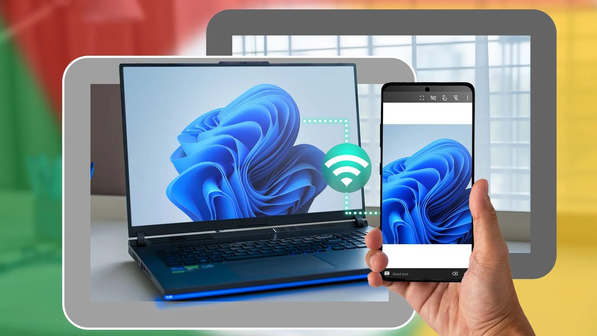 Một chiếc laptop chạy Windows 11 và bàn tay cầm smartphone đang truy cập, điều khiển máy tính từ xa thông qua ứng dụng Link to Windows