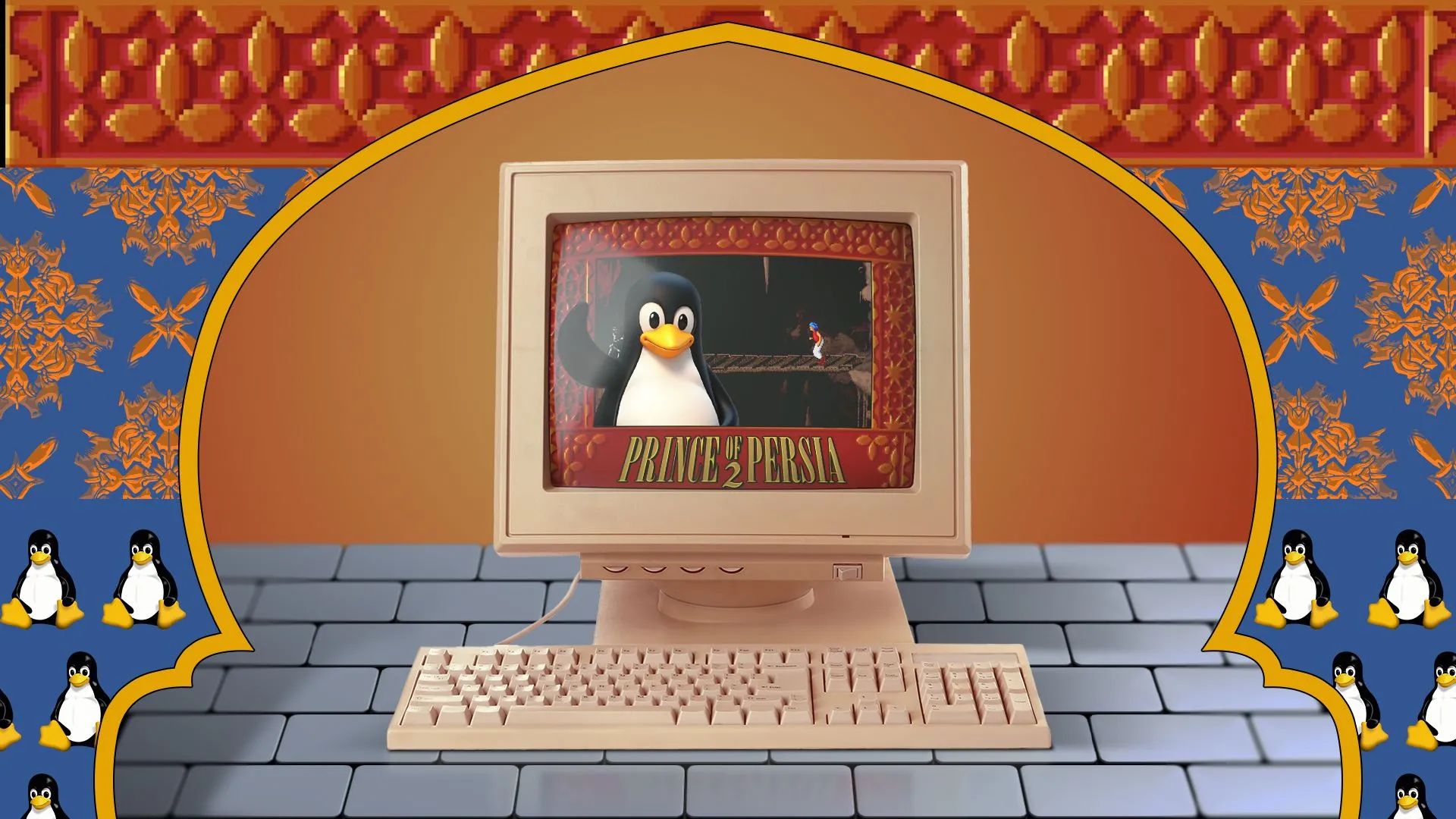 Một máy tính cũ đang chạy game Prince of Persia 2 với linh vật Linux trên màn hình