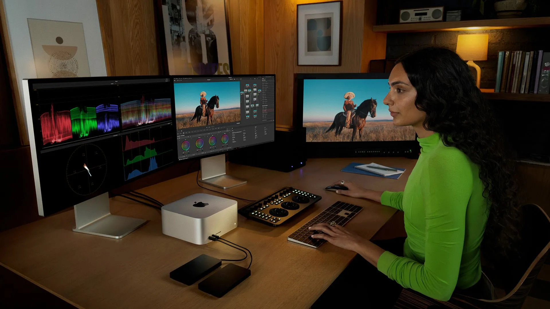 Một người dùng đang chỉnh sửa video trên Mac Studio với hai màn hình, một trong số đó là Apple Studio Display