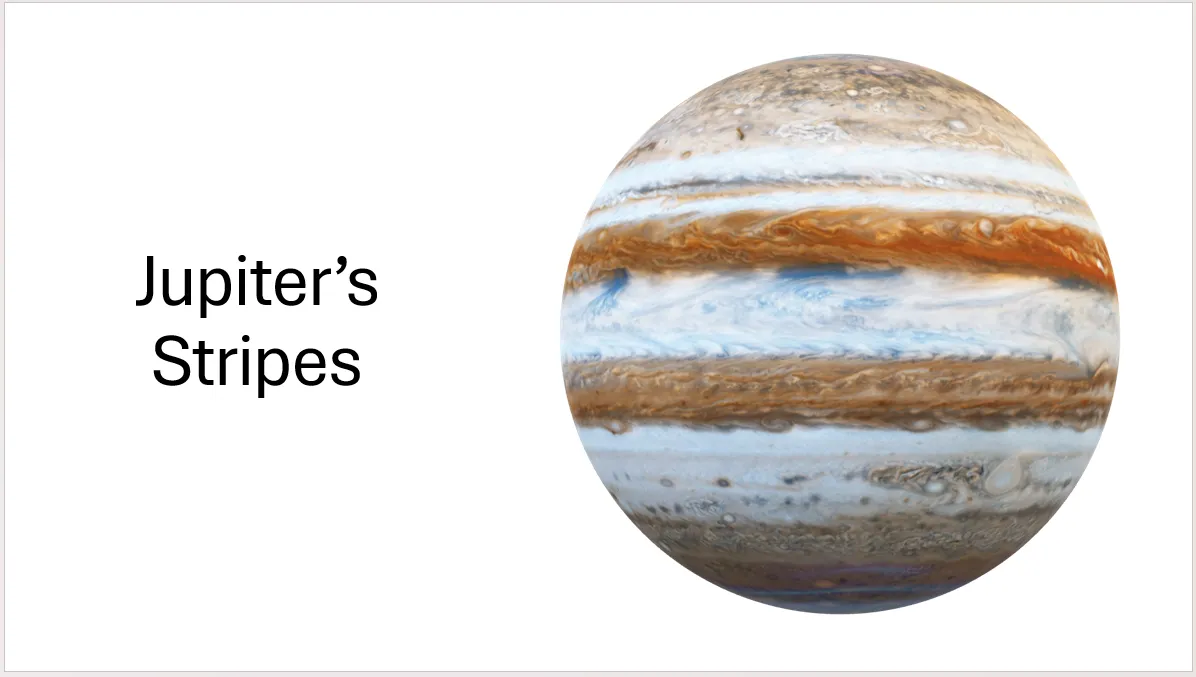 Một slide PowerPoint hiển thị mô hình 3D của Sao Mộc cùng tiêu đề &quot;Jupiter's Stripes&quot;, minh họa cách thêm chi tiết vào slide.