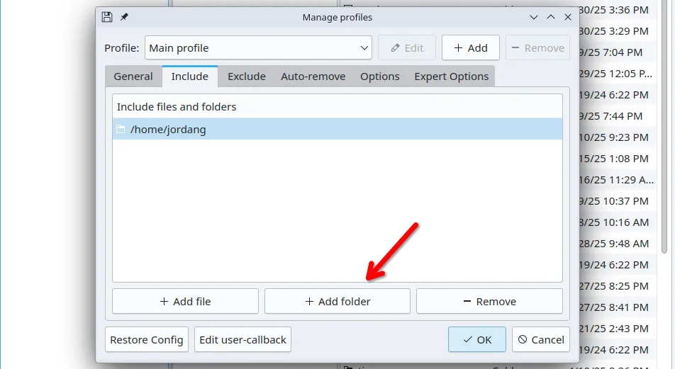 Mũi tên đỏ chỉ vào nút Thêm Thư mục (Add Folder) trong cửa sổ cấu hình Back in Time để chọn dữ liệu sao lưu